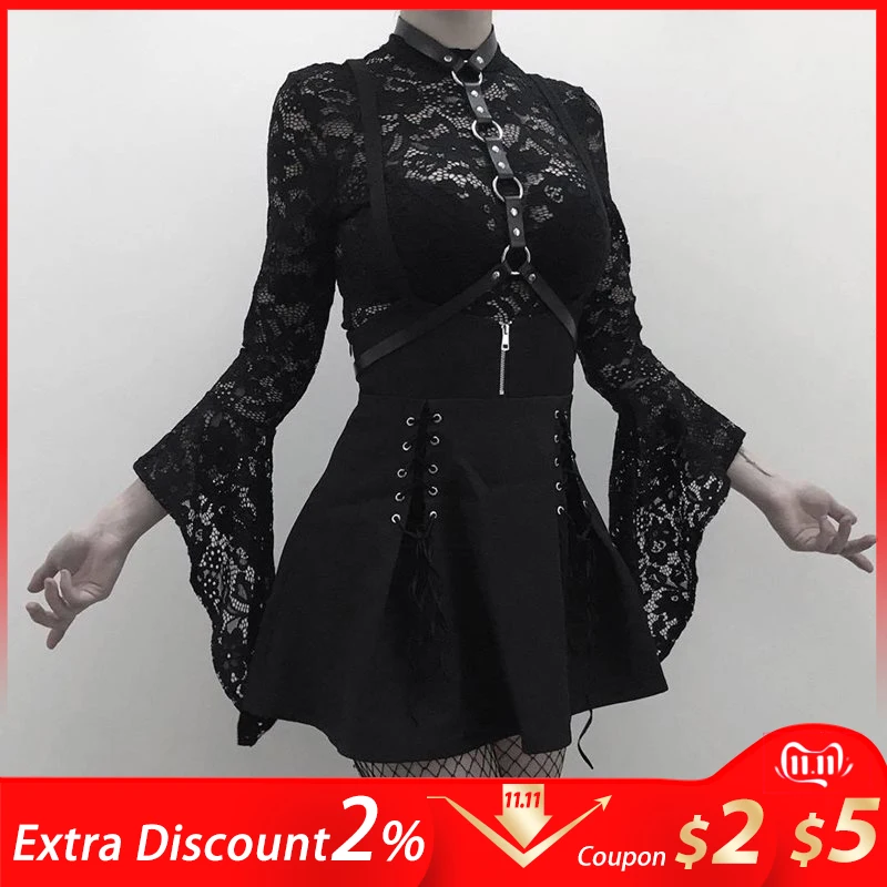 

Gothic Black Zipper Straps Skirt High Waist Women Slim Lace Up Zipper Mini Skirt