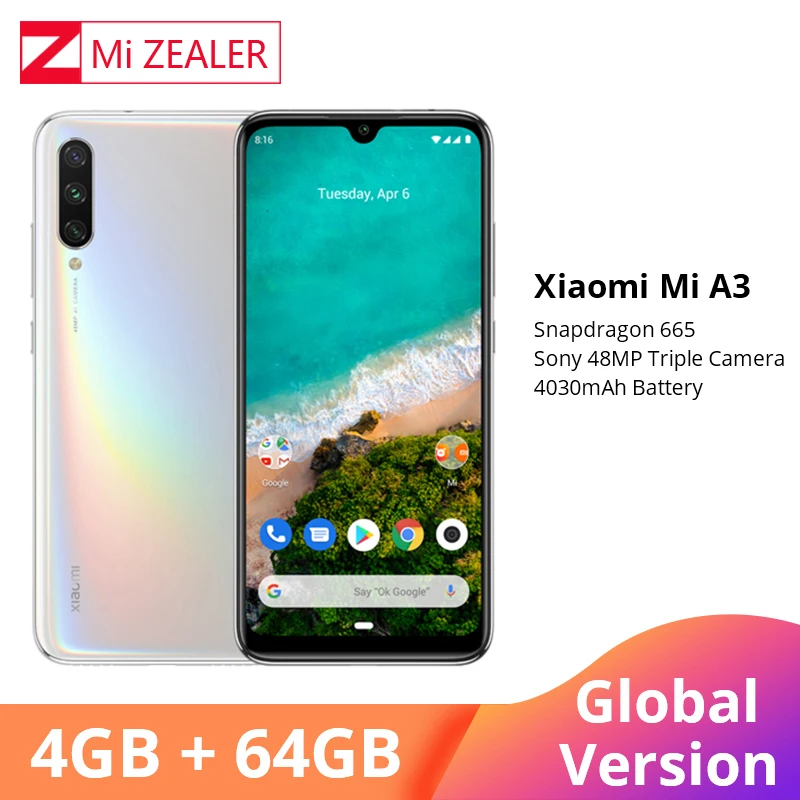 Мобильный телефон Xiao mi A3 с глобальной версией 4 ГБ 64 смартфон 4030 мАч 6 088 дюйма AMOLED