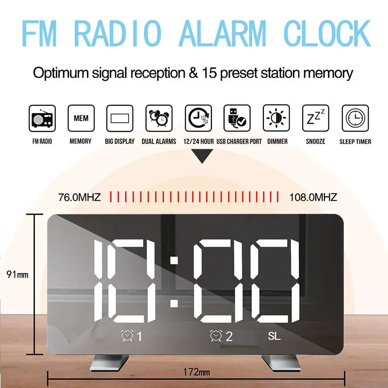  USB LED Alarm Clock FM Radio Digital Snooze Table Clock Wake Up Light Electronic Clock Dual Alarms 