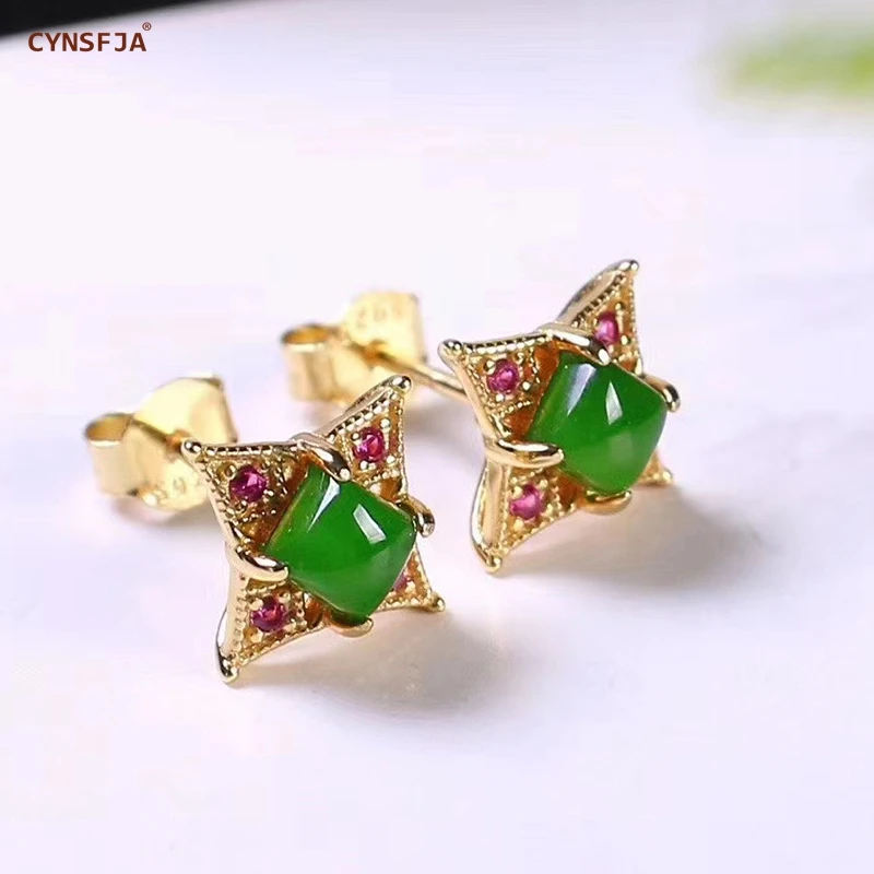 CYNSFJA New Real Certified Natural Hetian Jasper 925 Sterling Silver Handmade Amulets Green Jade Earrings high Quality Best Gift CYNSFJA New Real Certified Natural Hetian Jasper 925 Sterling Silver Handmade Amulets Green Jade Earrings high Quality Best Gift