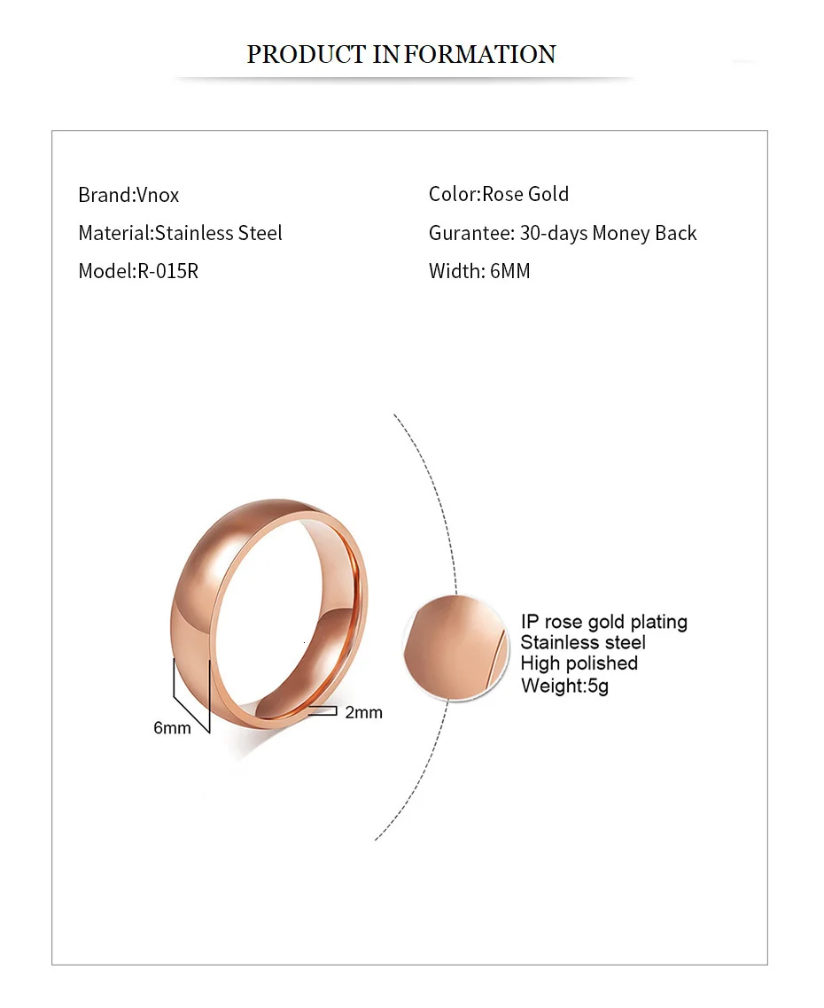 Vnox, простое классическое обручальное кольцо для женщин и мужчин, 6 мм, нержавеющая сталь, обручальное кольцо, унисекс, повседневное ювелирное изделие