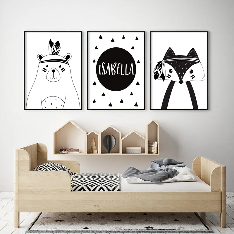 Black-White-Cartoon-Bear-Rabbit-Baby-Nursery-Wall-Art-Canvas-Poster-Custom-Name-Print-Painting-Nordic (2)
