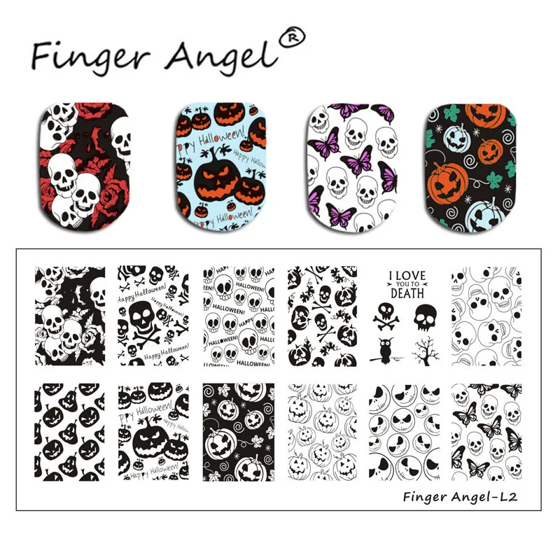 Finger Angel 4 шт. 6*12 см ногтей штамп пластины Хэллоуин стиль сахар/Череп/Тыква Лампа изображение с белым держателем+ 1 шт прозрачный штамп# F14