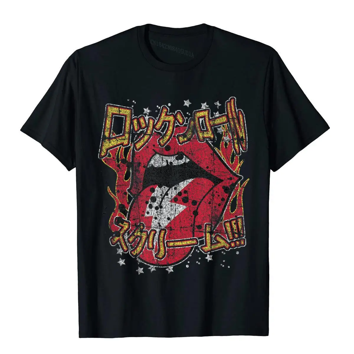 Rock amp; Roll Tongue and Stars Word Scream in Japanese T-Shirt__B11210black