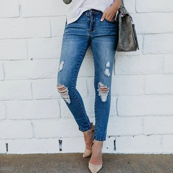 

Ladies solid color wild slim jeans autumn and spring women high waist blue denim trousers Europe