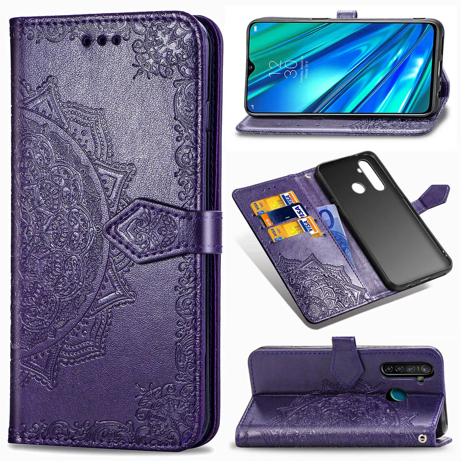 Фиолетовый Чехол-подставка для OPPO Realme 5 Pro, флип-чехол для Realme5, роскошный кожаный цветной кошелек из ТПУ, мягкий чехол-бампер с отделением для карт и ремешком - Цвет: Фиолетовый