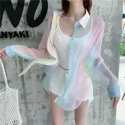 Gradient Rainbow Shirts Women Elegant Holiday Outdoor Sun-proof Translucent Long Sleeve Outerwear Female Tender Korean Fashion