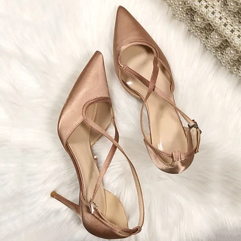 

kmeioo elegant champagne shoes woman dress cross strap sandals closed toe high heels concise slingback pumps