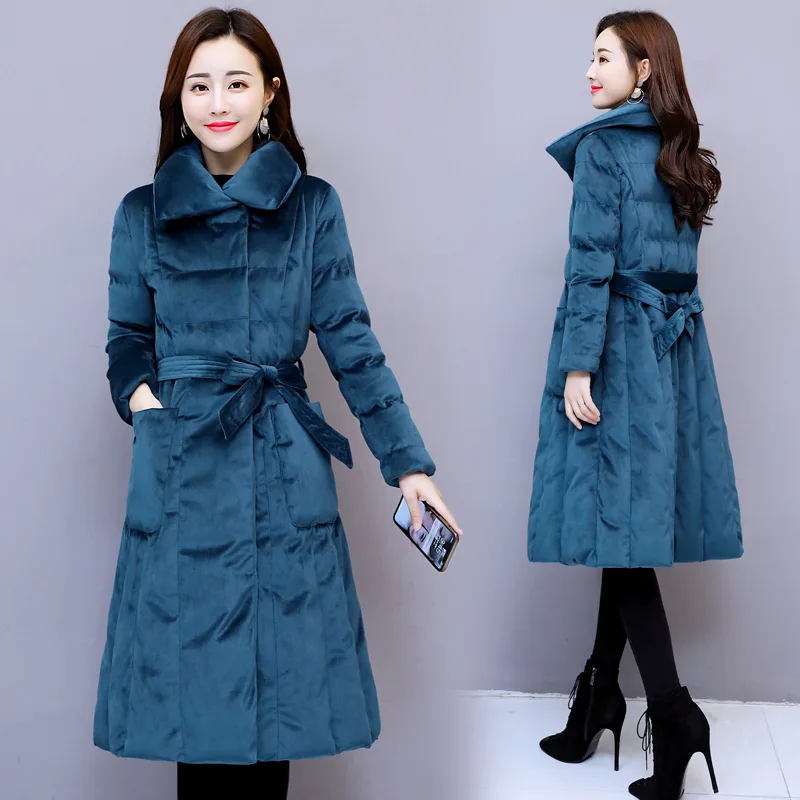 

Gold Velvet down Jacket Cotton-padded Clothes Women's 2018 Winter New Style Cotton WOMEN'S Coat Slim Fit Mid-length over-the-Kne