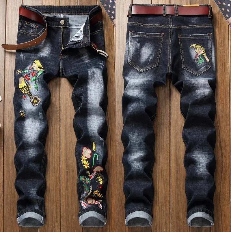 Male hole badge embroidery style denim trousers pants Fashion New Men's Casual Slim Patch Jeans Dropshipping - Цвет: 903