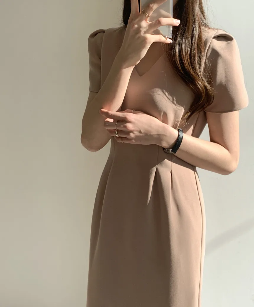 Woherb Korean Chic Women Dress Short Sleeve Casual V-Neck Elegant Office Lady Dresses 2020 New Slim Waist Robe Vestidos Mujer