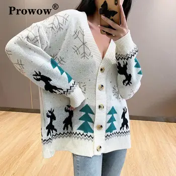 

Oversized Button Up Knitted Christmas Sweater Cardigan Women Fall 2020 V Neck Long Sleeve Snowflake Cotton Casual Autumn Clothes