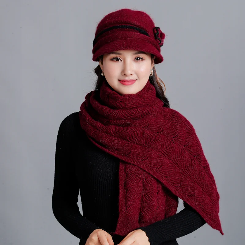 New Winter Women Rabbit Fur Hat Scarf Set Lady Warm Wool Knitted Plush Hat Scarf Crochet Sets Beanie Mother Caps Scarf Shawl Gif