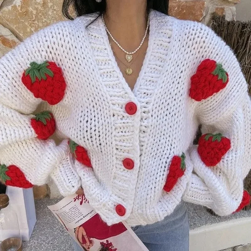 V Cute 3D Strawberry Cardigan Oversize Appliques Lantern Sleeve Sweater Knitted Jacket Pull Japan Retro Top Sweet Fashion Full |