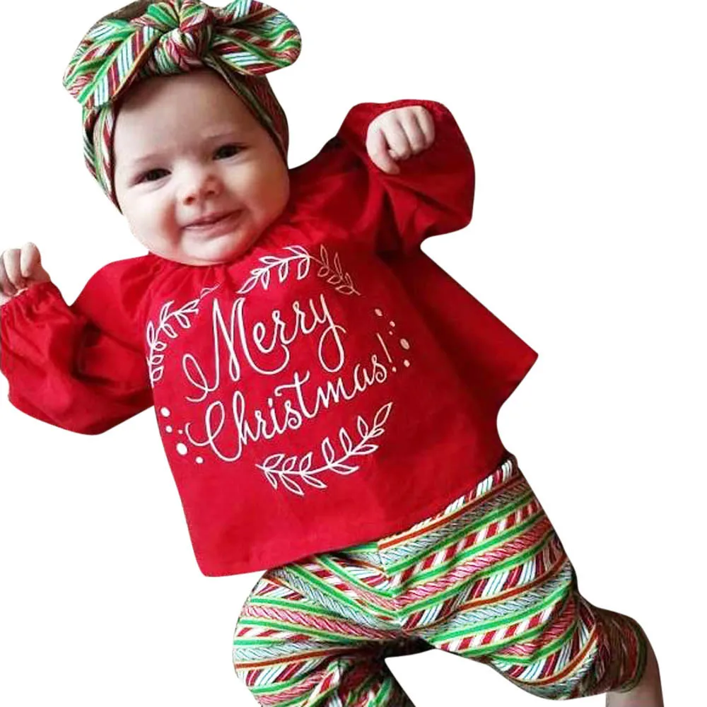 Одежда для маленьких девочек милые детские рождественские топы с длинными рукавами, футболка + штаны, комплекты из 2 предметов, одежда для