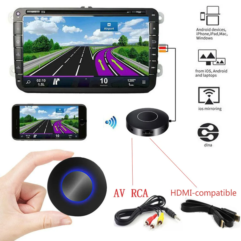 Para o carro airplay miracast mirascreen wifi sem fio display dongle av rca hdmi-compatível streamer espelho mesmo fluxo de tela elenco