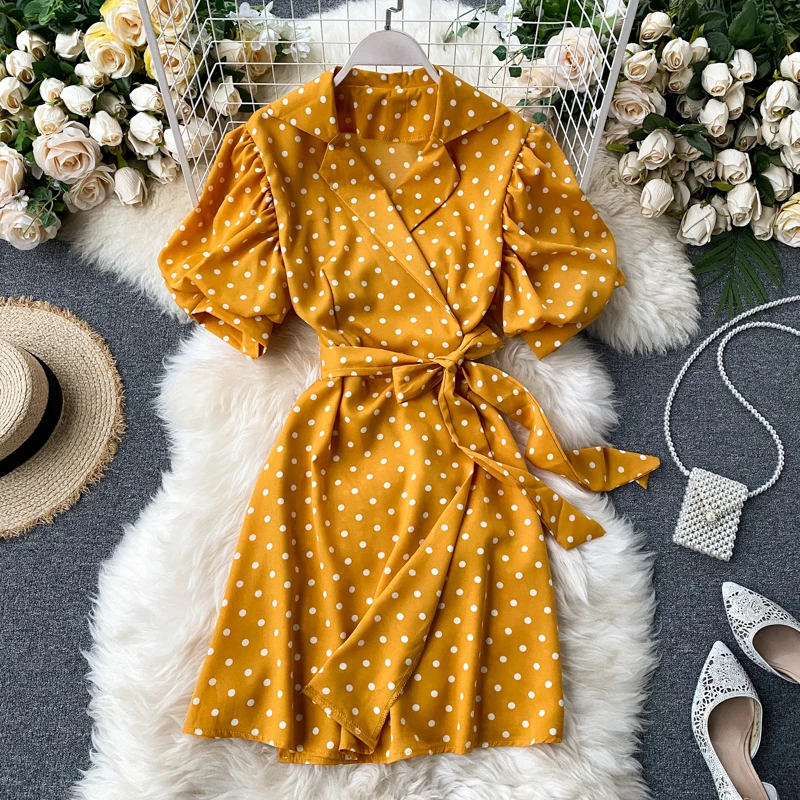 Женское платье с рукавами-фонариками повседневное Бандажное платье-рубашка в