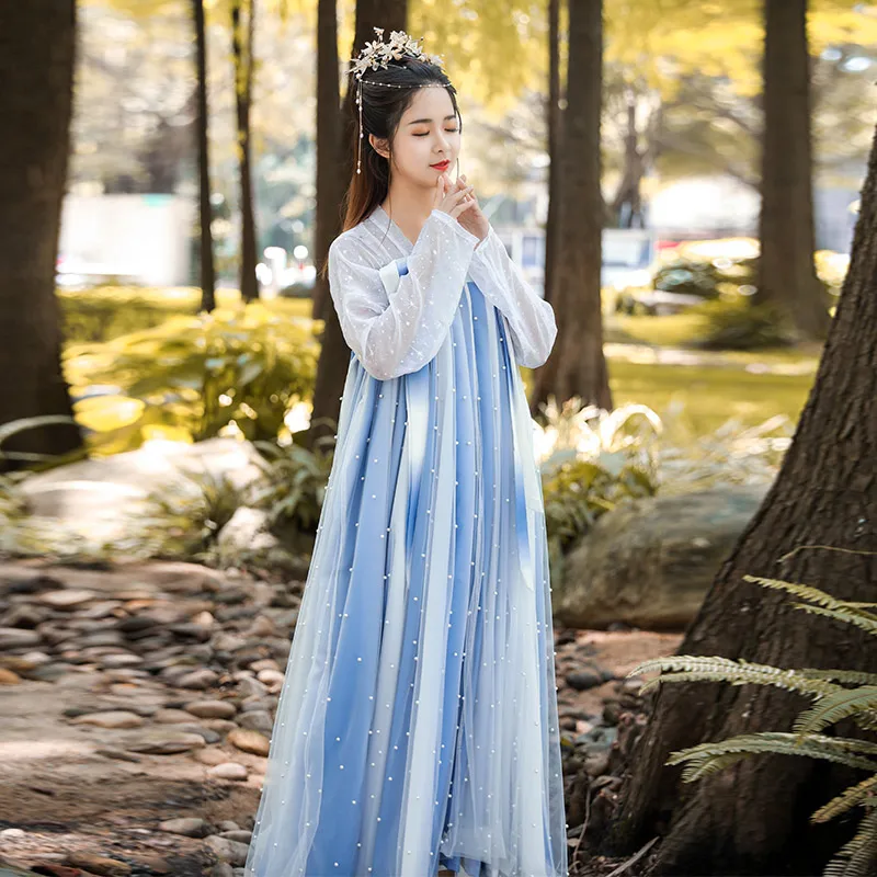 Женское сказочное платье Hanfu синего цвета с вышивкой костюм для классических