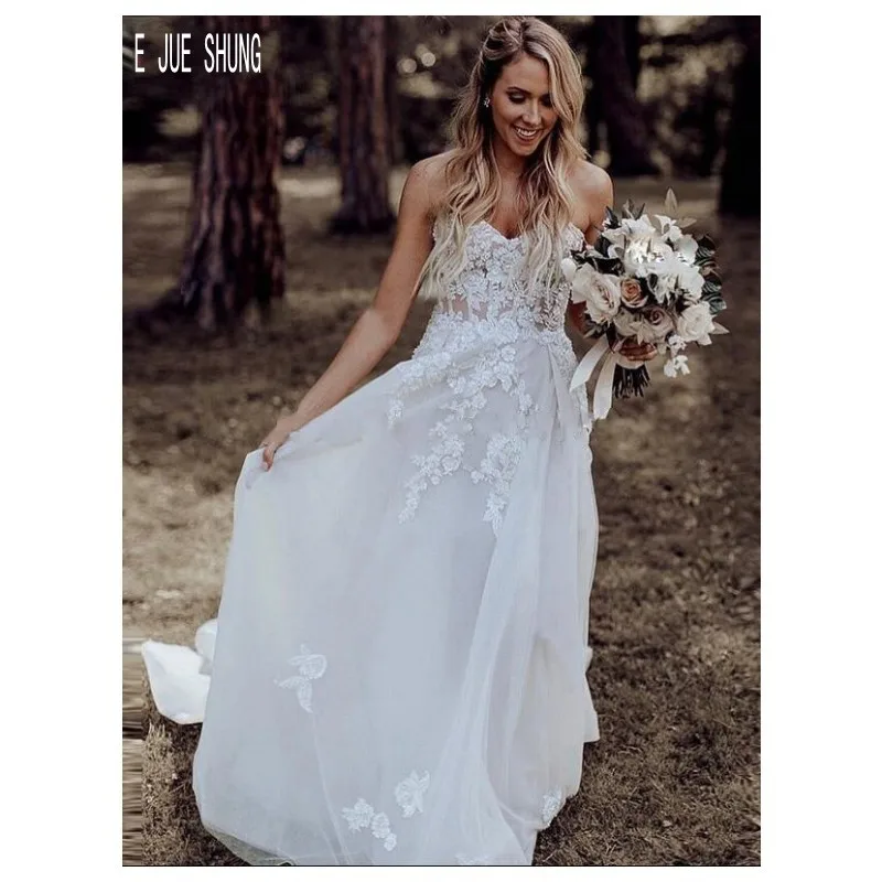 

E JUE SHUNG Modest Beach Wedding Dresses Sweetheart Neckline Lace Appliques Sleeveless Bridal Gowns Robe De Marriage Custom Made