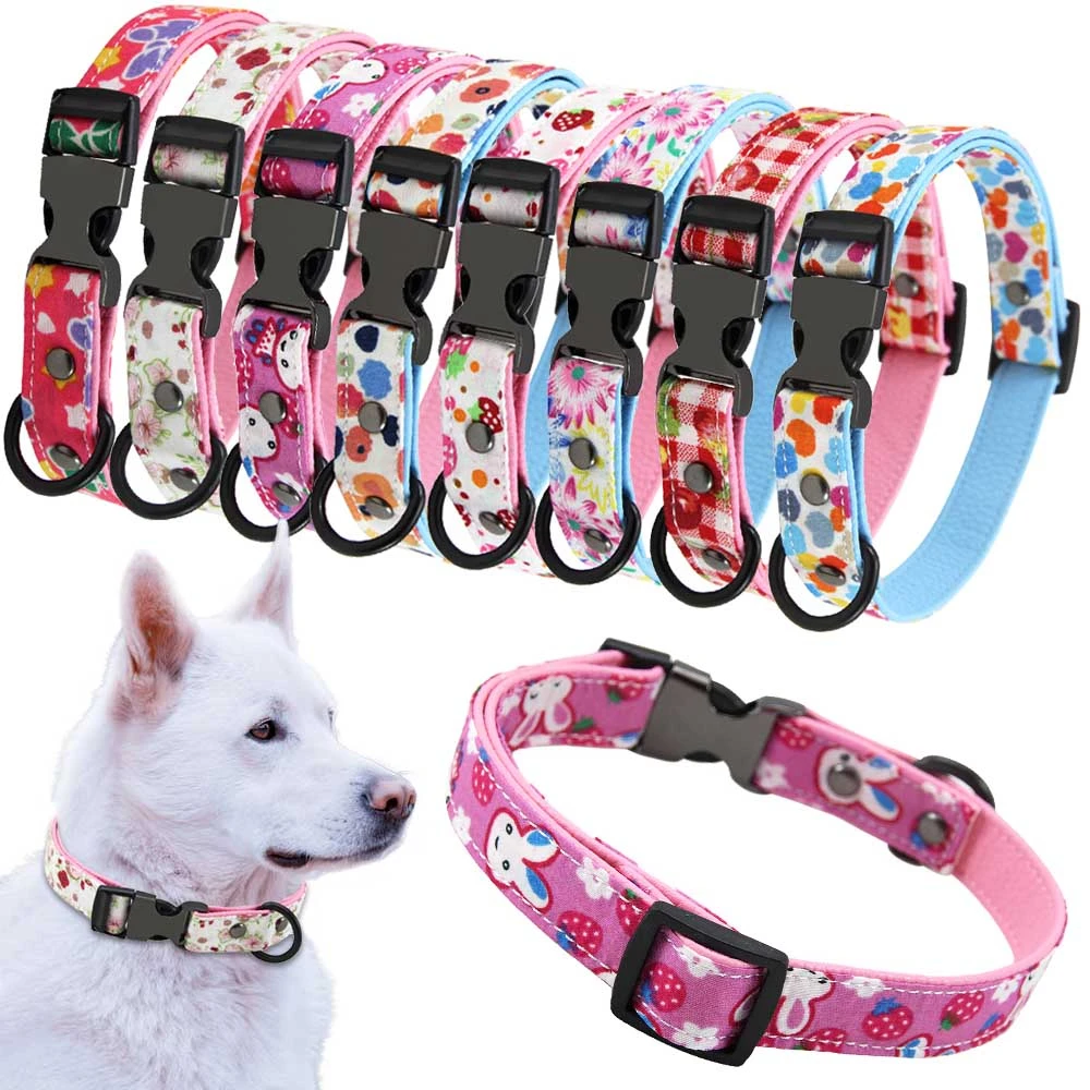 

8 Colors Pet Print Adjustable Cat Dog Collar Polyester Padded Leather Material Puppy Collars For Small Medium Large Dog S M L