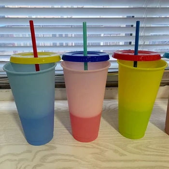 

360ML Plastic Temperature Change Color Cups 5pcs Colorful Cold Water Color Changing Coffee Cup Mug Water Bottles With Straws Set