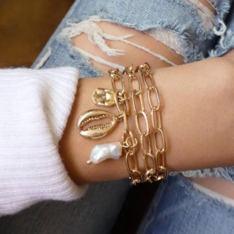 docona Simple Metal Shell Pearl Square Pendant Bracelet Set for Women Chains Adjustable Bangle 3psc/1set 8255 | Украшения и