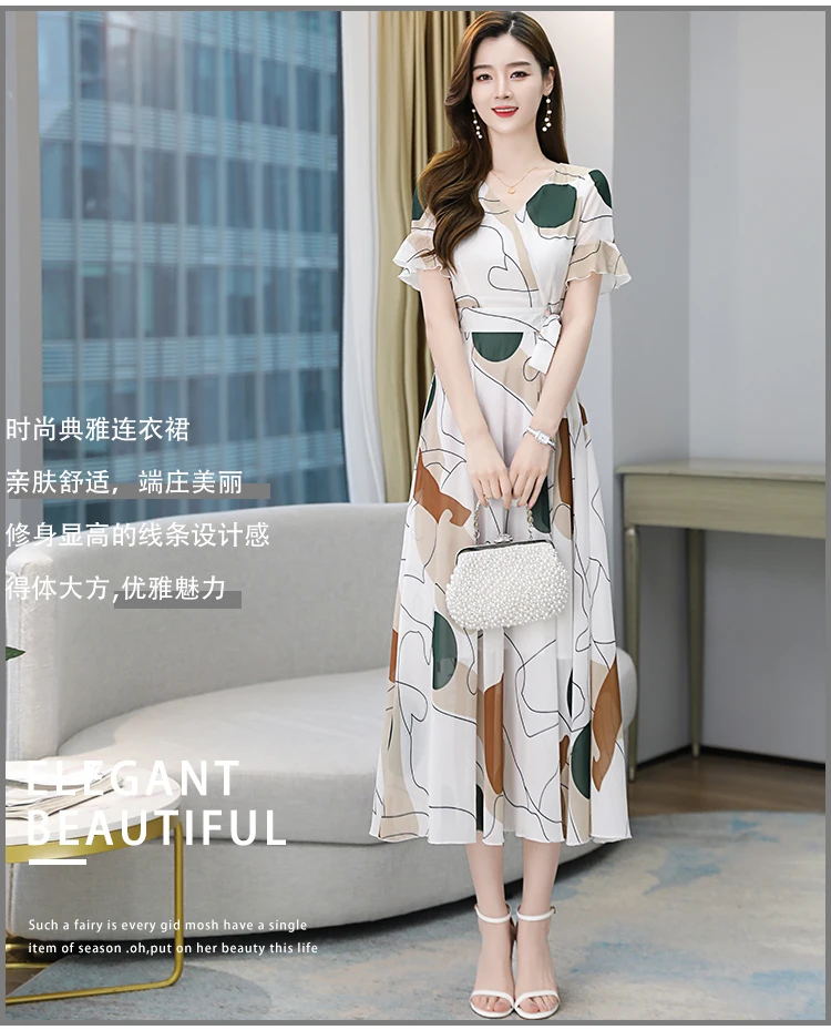 Women Summer 2021 White Chiffon Dress Casual Robe Vestito Floreale Midi Tunics Boheme Short Sleeve V-Neck Plus Size Dresses