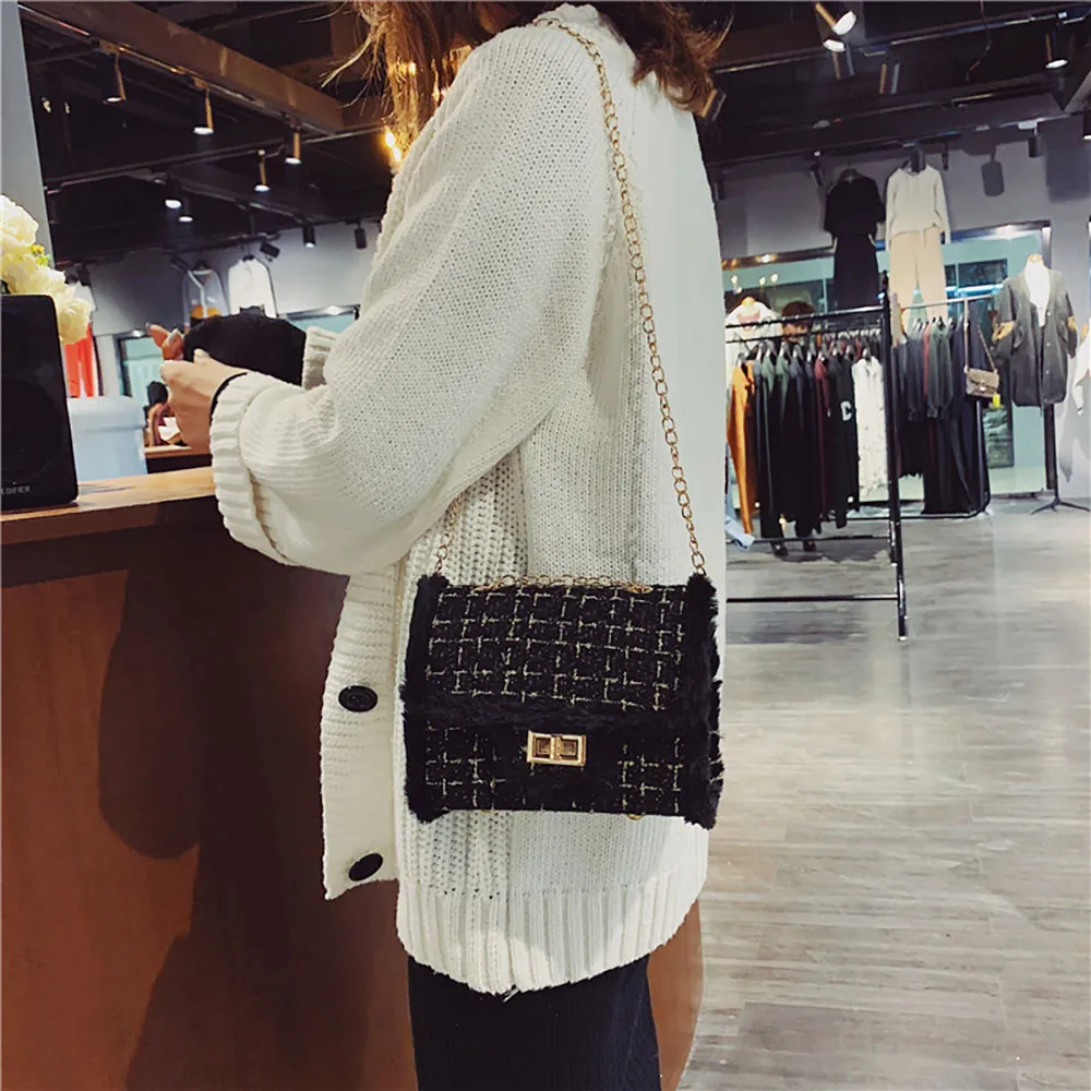 Women Plush Wool Bag Chain Single Shoulder Designer Bag Silver Crossbody Bags For Women Shoulder Bags Slanting Small