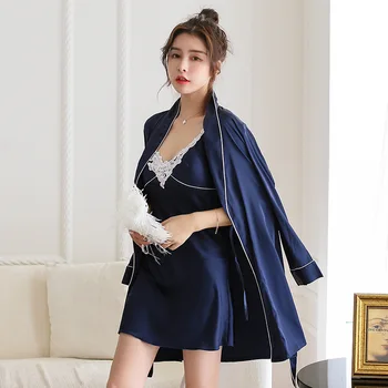 

V Neck Sexy Robe & Gown Sets For Women Faux Silk Sleeveless Lace Sleepwear Dress Female Sexy Nightwear Lingerie