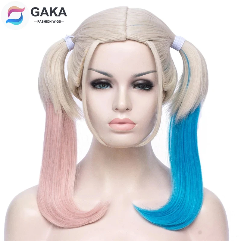 

GAKA Double Color Cosplay Party Wig Ponytail Pink Synthetic Wig Short Natural Wave Women Wig Blonde Heat Resistant Fiber