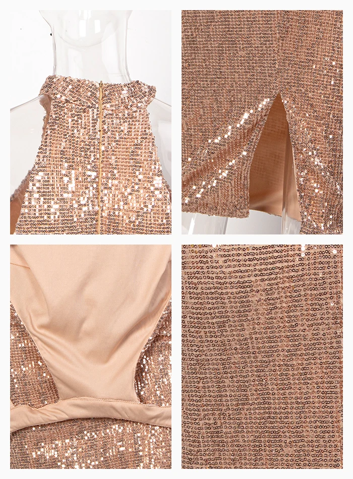 LOVE&LEMONADE Rose Gold Sexy Halter Strapless Slim Fit Elastic Sequined Knee Party Dress LM80492MID Autumn/Winter