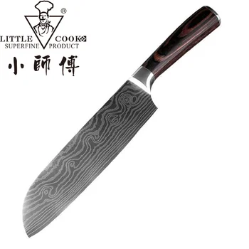 

Little Cook 7" Japanese Kitchen Carbon Chef Knives Santoku Knife Full-tang Sharp Cleaver Laser Damascus Pattern Cooking Tools