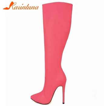 

karinluna Sexy New Arrival On Sale winter Short Plush High Thin Heels 14 cm Solid Knee High Elegant Platform Boots