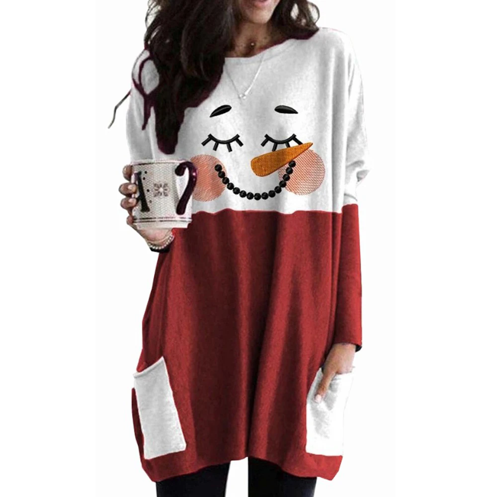 VICABO Womens Shirts 2020 Snowman Printing Christms Clothes Long Sleeve O-neck Casual Graphic T Shirts Plus Size 5XL