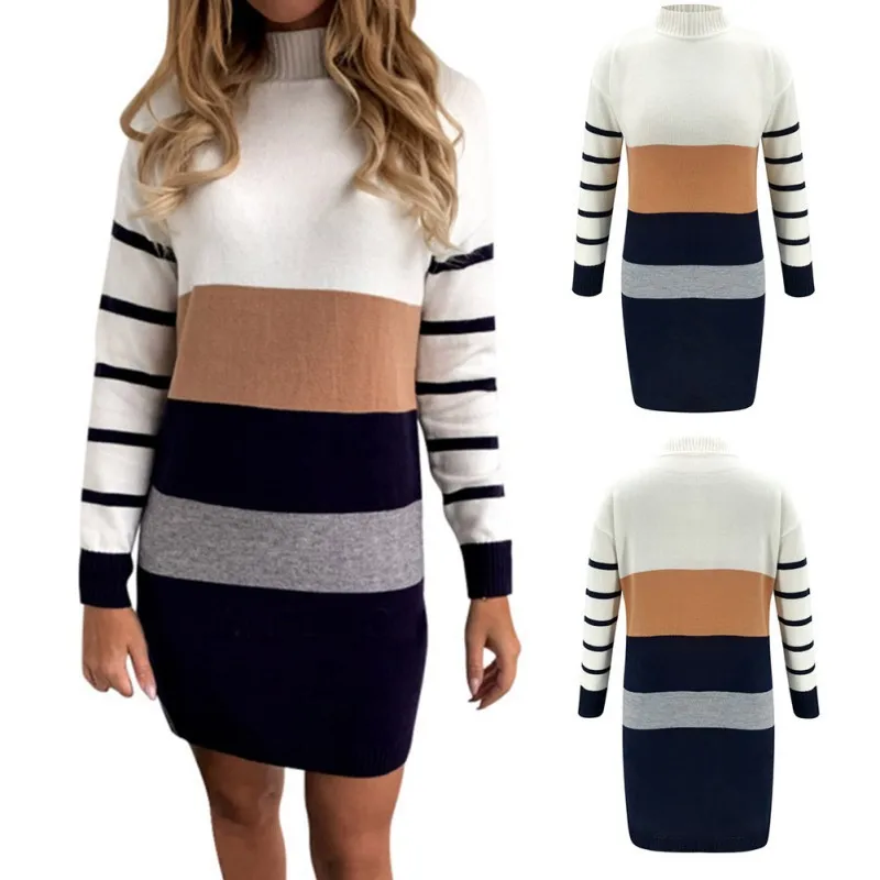 

Winter Women Knitted Turtleneck Sweater Casual Soft Dress Colorblock Stripes Print Long Sleeve Sexy Wild Temperament Slim Dress
