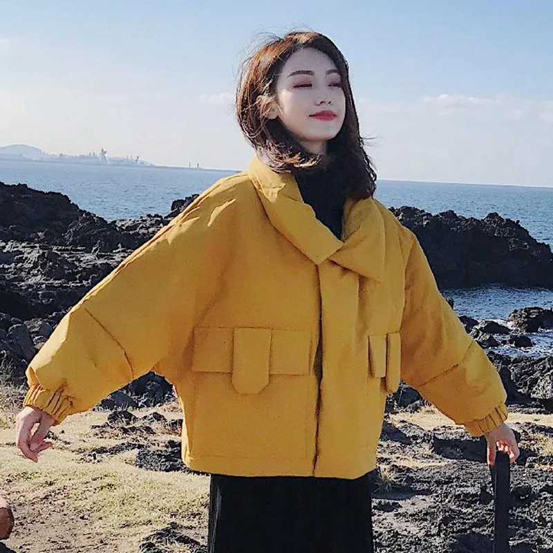 

Photo Shoot INS Korean-style Stand Collar Thick Short Cotton Coat Women's Winter BF Loose-Fit Large Yellow Pocket Bat Sleeve dow