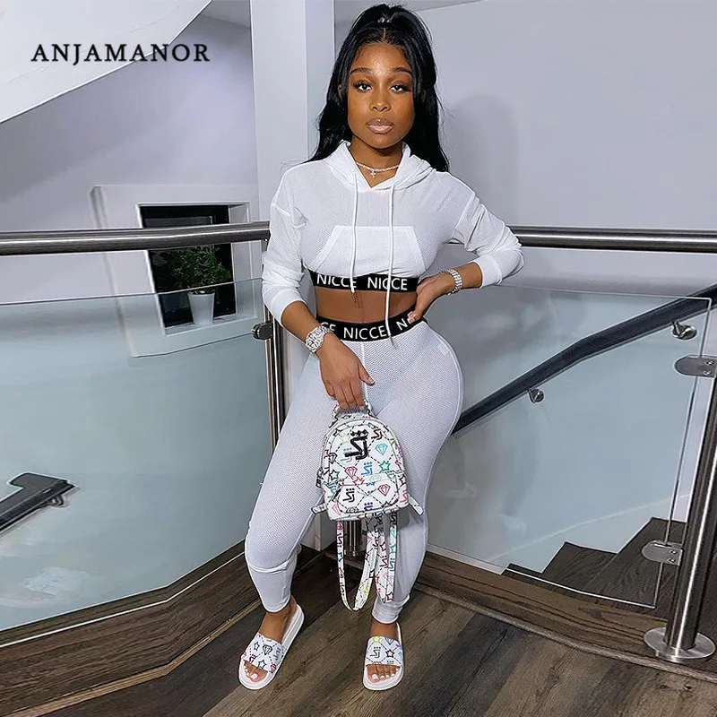 ANJAMANOR Sports Casual Sheer Mesh 2 Piece Sets Womens Outfits Fashion Active Wear Woman Tracksuit White Matching Set D57-CH22 ANJAMANOR Sports Casual Sheer Mesh 2 Piece Sets Womens Outfits Fashion Active Wear Woman Tracksuit White Matching Set D57-CH22
