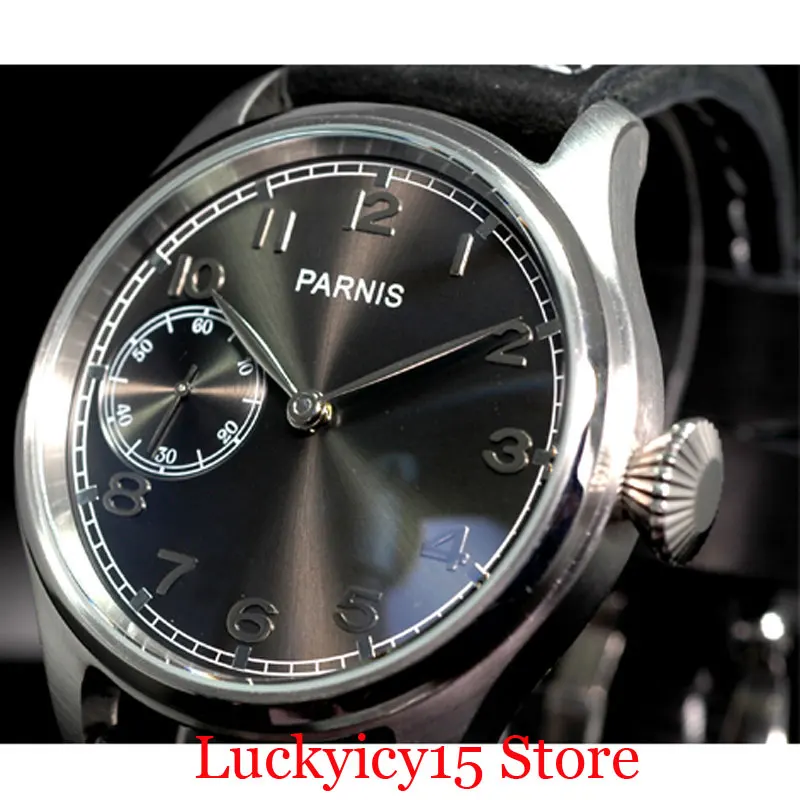 

PARNIS 47mm Hand Winding Wristwatch 6497 Movement Big Crown Mechanical Men Watch Leather Strap