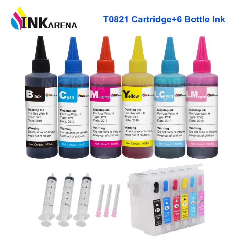 Набор чернил для принтера INKARENA 100 мл + картридж 82 82N T0821 Epson Stylus Photo 1410 T50 R290 R295 R390 RX590