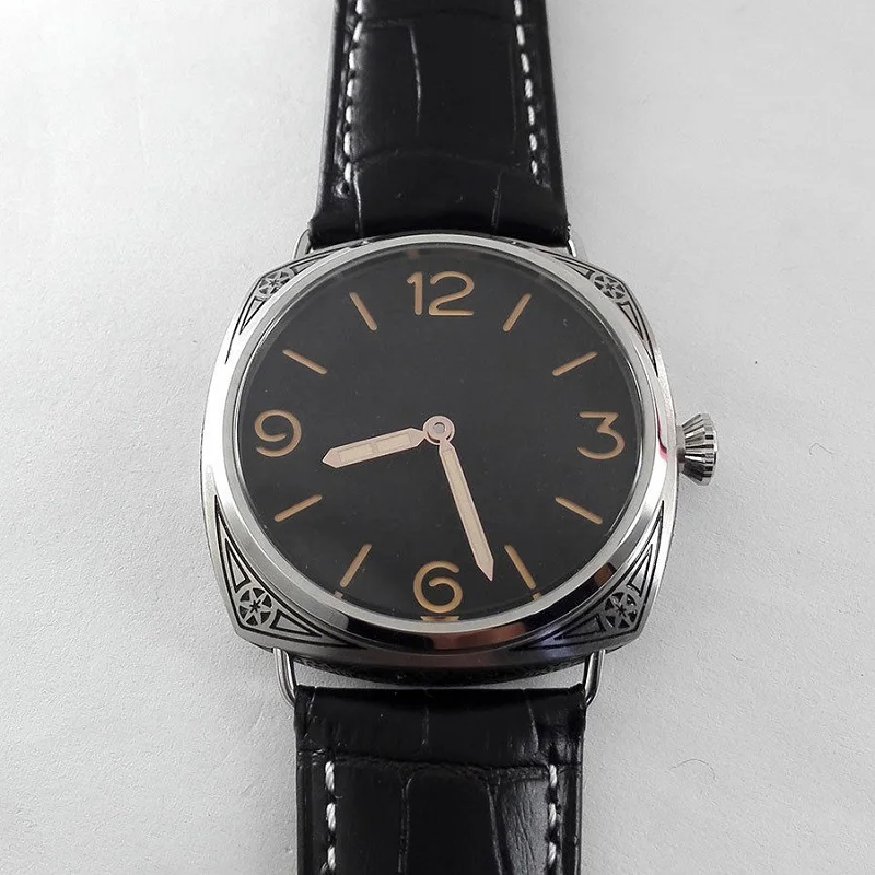Мужские часы 47 мм Чайка движение мужские t черный циферблат резьба военные механические кожаные Наручные часы