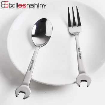 

BalleenShiny Stainless Steel Wrench Spoon Forks Tableware Dessert Coffee Stir Kids Ice-cream Spoon Fruit Forks Kitchen Gifts