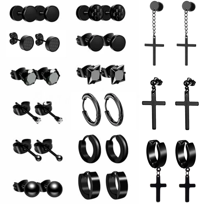 ONESING 12 Pairs Earrings for Men Black Stud Earrings Mens Earrings Black Hoop Earrings Stainless Steel Earrings Set Jewelry Piercings for Men Women 