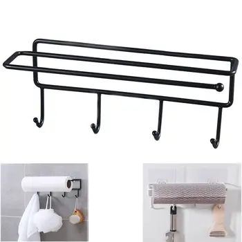 

Household towel rack kitchen wrought iron hook rag rack free punching row hook bathroom wall hanging sticky hook storage rack