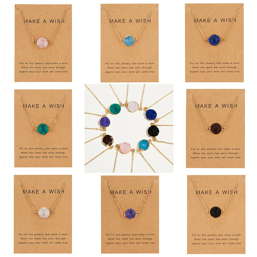 

Rinhoo Wish Card Jewelry Gift Round Pendant Necklace Natural Stone Quartz Druzy Stone Link Chain Necklace for Women Collars