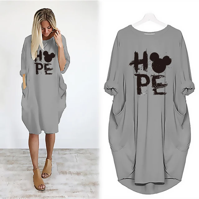 Mickey Mouse Dress for Women Casual Loose Midi Dresses Leopard Print Pocket Vintage Vestido Fall Maxi Clothes Kawaii Robe Femme D002M427 Gray