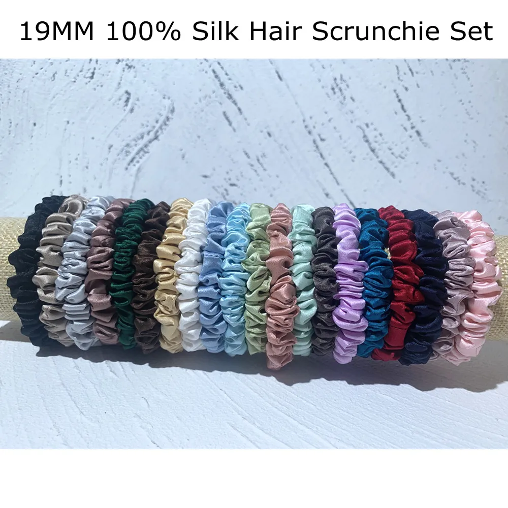 New 100% Silk Skinnies Scrunchie Set 19 Momme Mulberry Silk Elastic Ponytail Holder Women Skinny Hair Ties Bands Hair Care