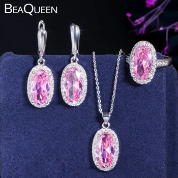 

BeaQueen Romantic Oval Pink Sapphire Cubic Zircon 3pcs 925 Silver Earrings Necklace Ring Party Jewelry Sets for Women Gift JS073