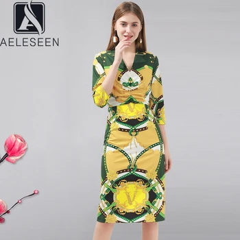

AELESEEN Runway Spring Summer Bodycon Dress 2020 Women's 3/4 Sleeve V-Neck Draped Yellow Print Slim Elegant Party Dress Vestidos