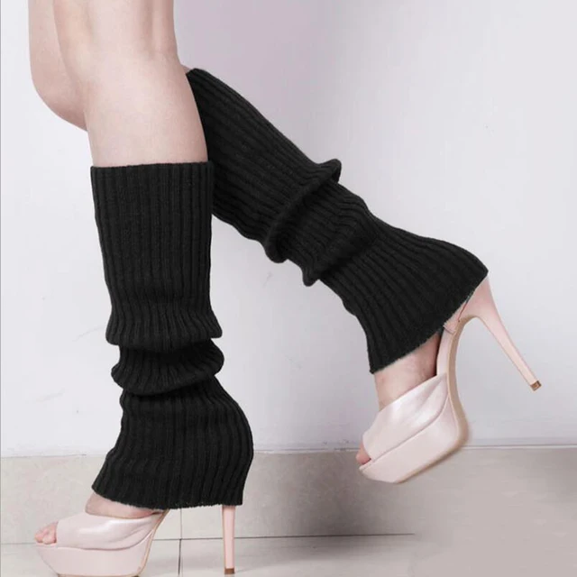 Women Knit Winter Leg Warmers Loose Style Lady Boot Knee Stockings Leggings Warm Boots Leg Punk Solid Black Cool Knit Long Socks Black