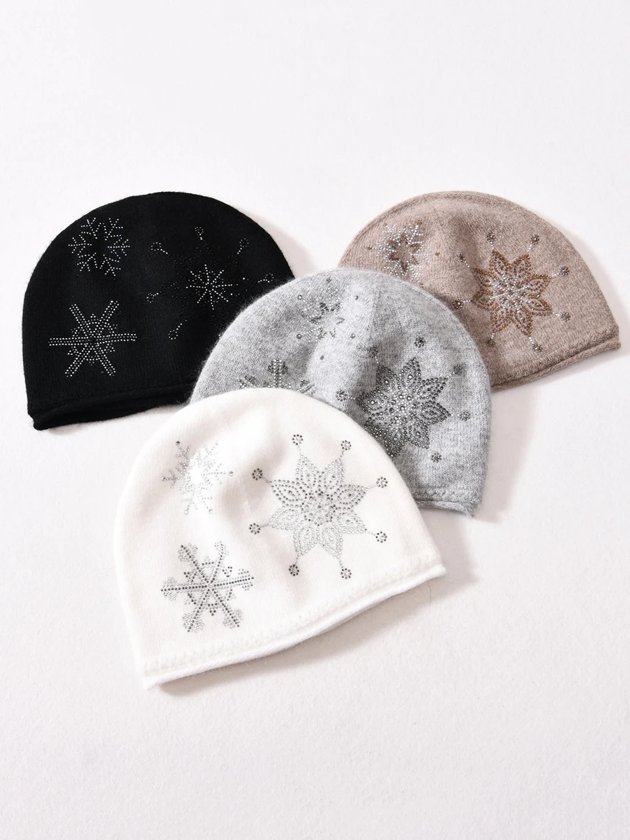 New Cashmere Beanie Hat Snowflake  Rhinestone Winter Cap For Woman Solid Color Warm Hat 3